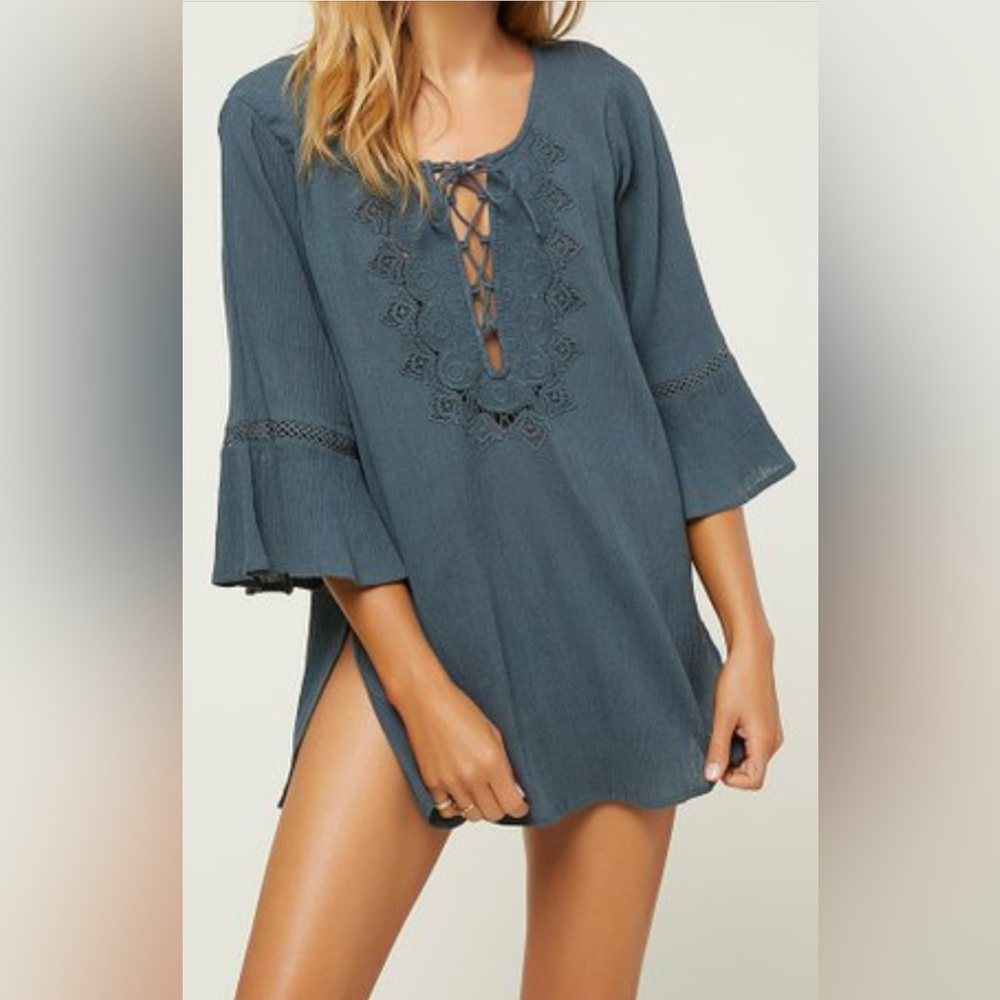 O'Neill Slate Blue Embroidered Tunic Swim Suit Cover Up, Size M